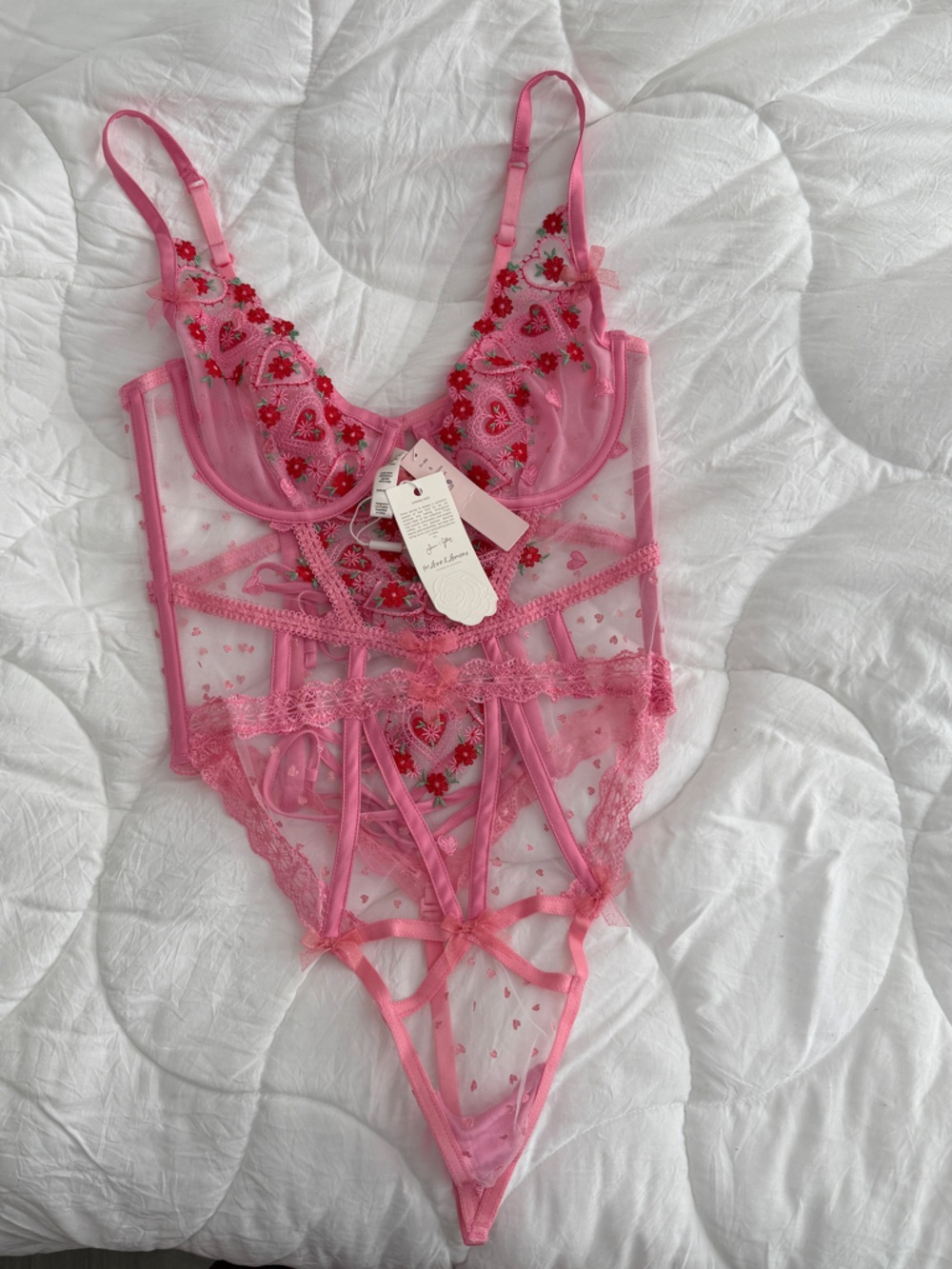 For Love & Lemons Pink Floral Embroidered Lace Bodysuit